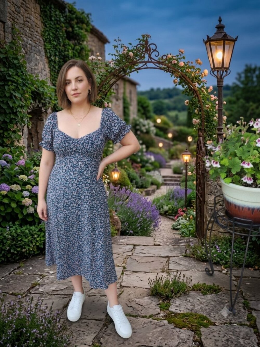 House of Sienna Floral Milkmaid Cottagecore Midi Dress Navy Blue Rayon Size 14